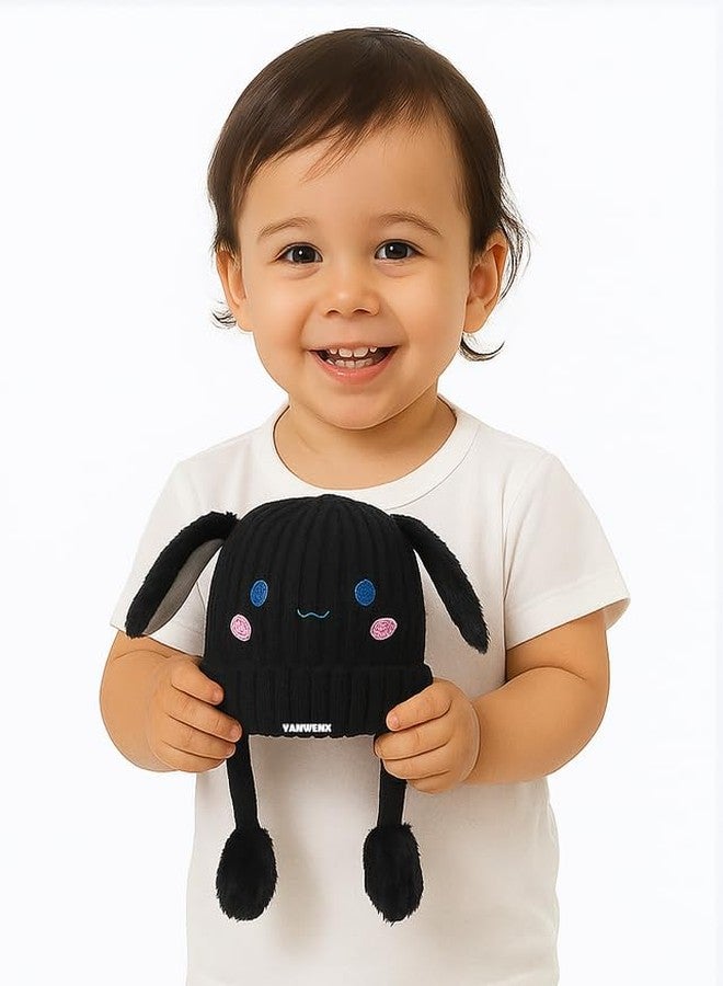 Yanwenx Bunny Cap with Moving Ears for Kids (1-10 Yrs) | Plush Wool Winter Hat | Cute Girls Headwear & Funny Cap_Black - Image 3